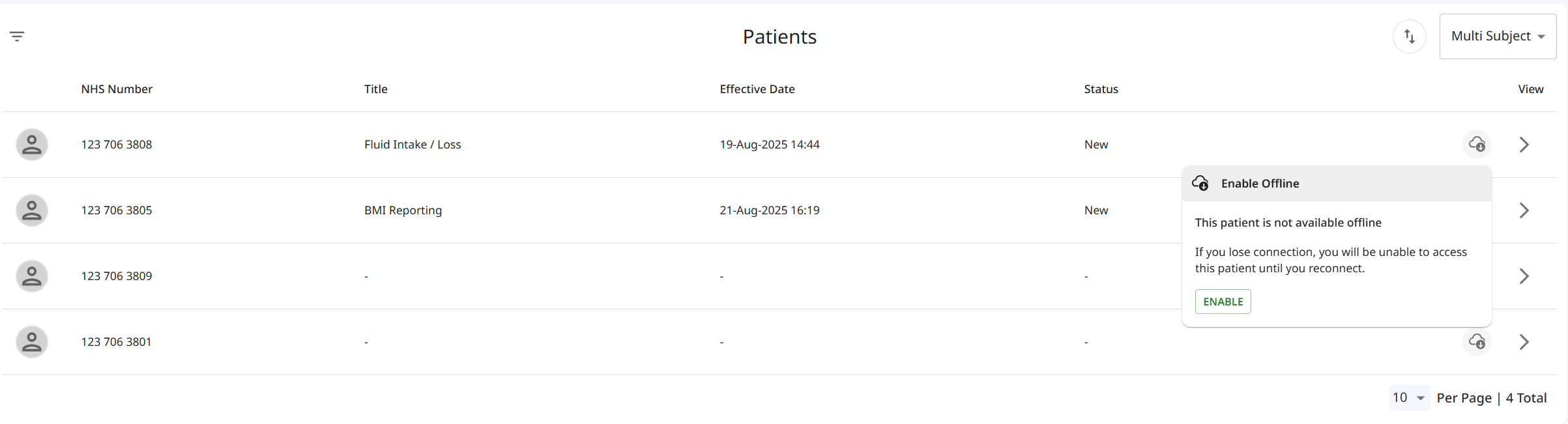 Enable Offline Mode in the subjects list