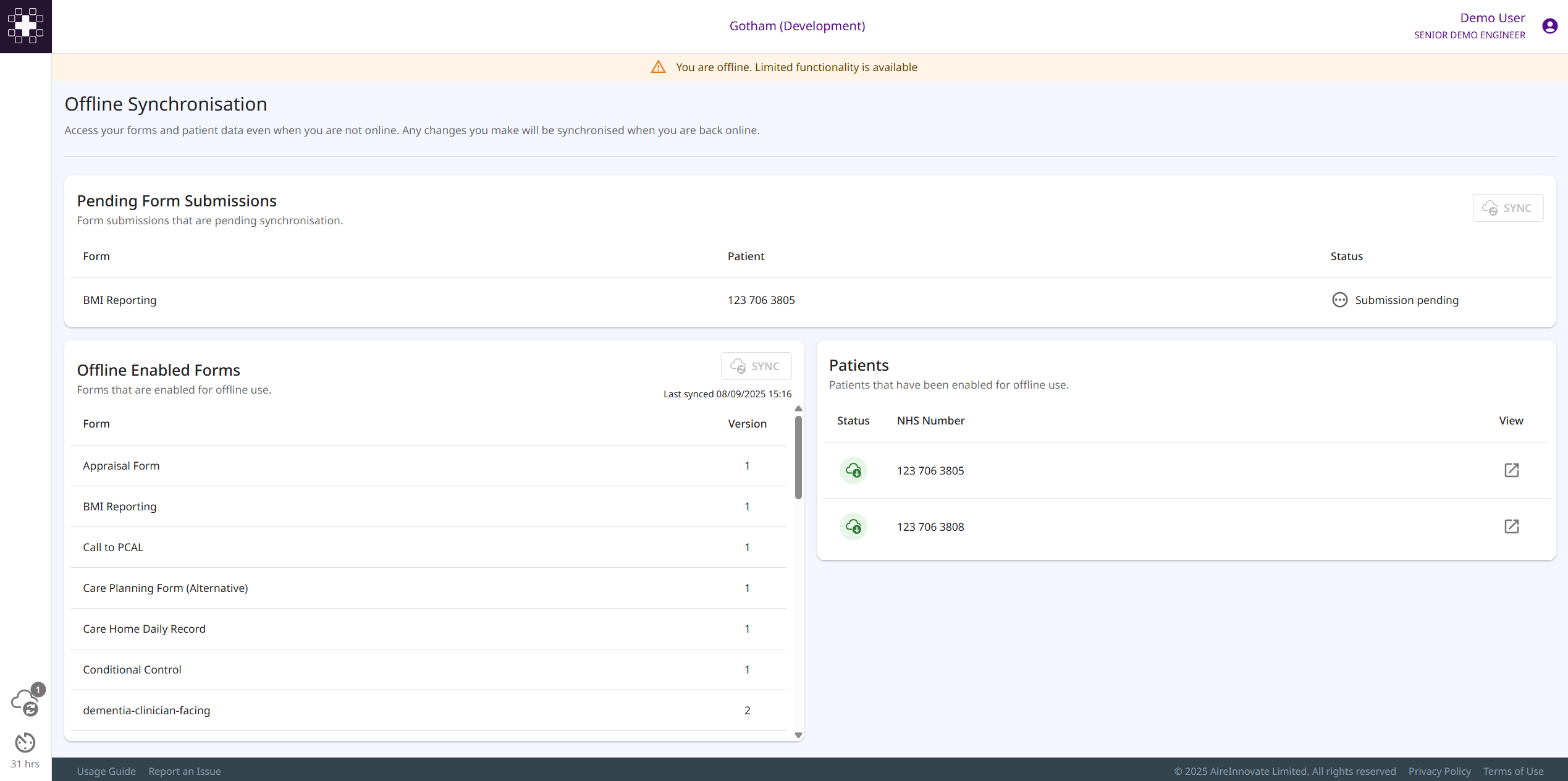 Offline synchronisation page