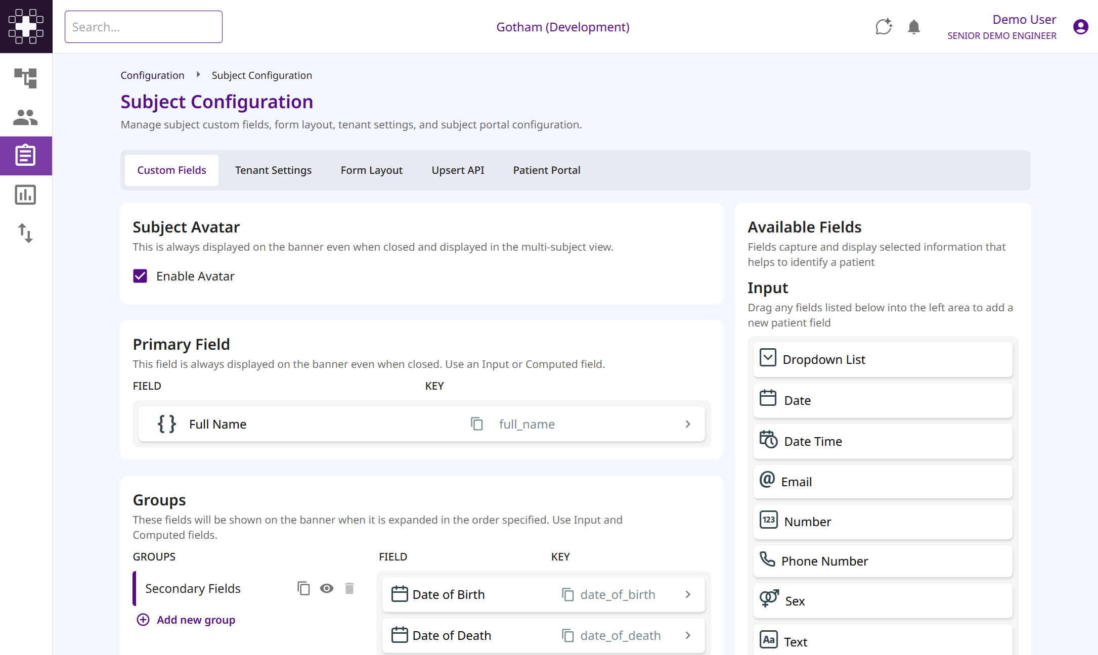 Subject configuration page