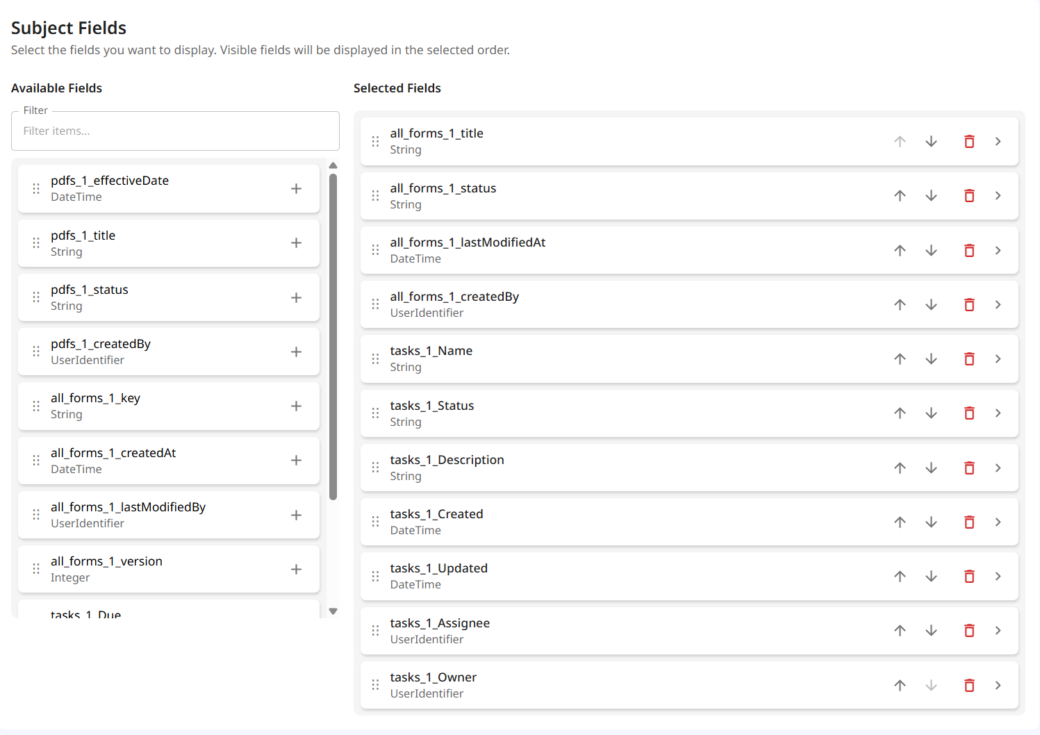 Subject list configuration